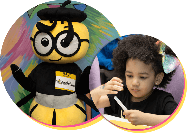 Zigglebee mascot and young girl making a craft